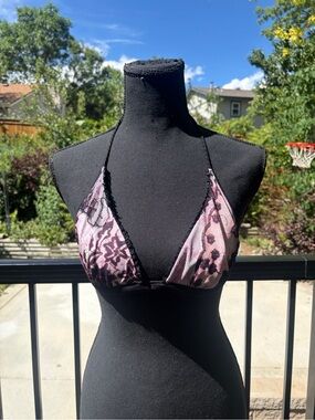 Pink and Black Lace Decorative Triangle Bikini